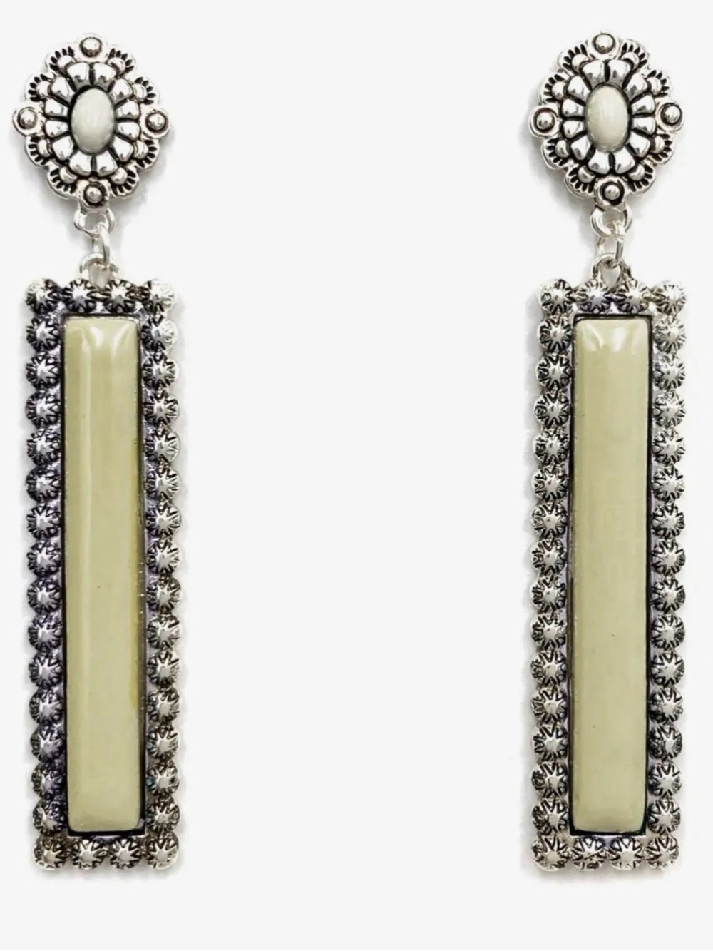 Cream Bar Drop Earrings with Antiqued Silver Detail